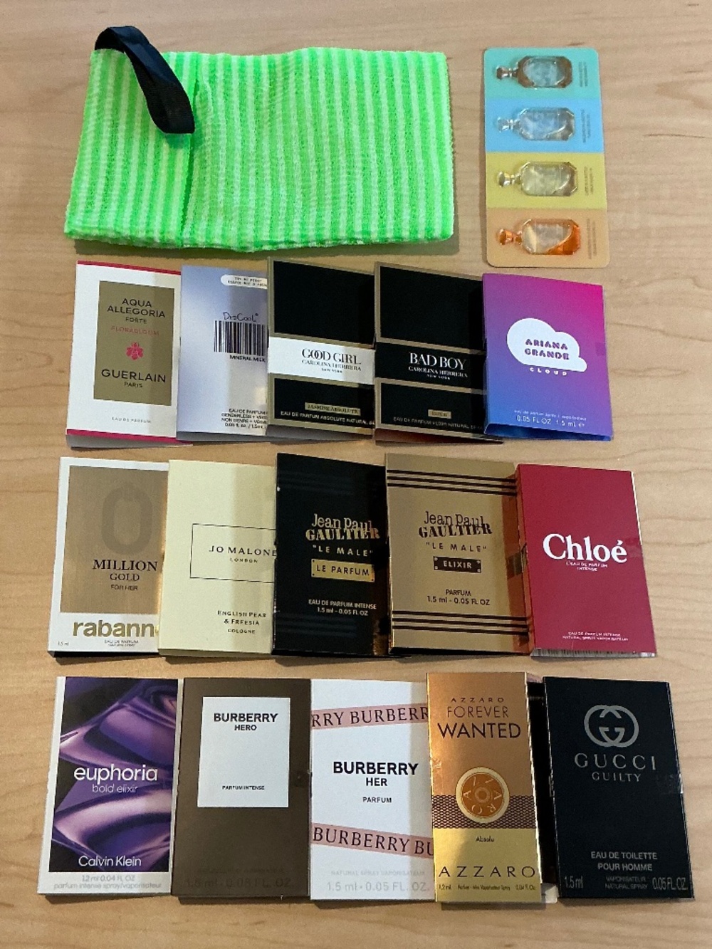 Scents samples + soap exfoliating bag
